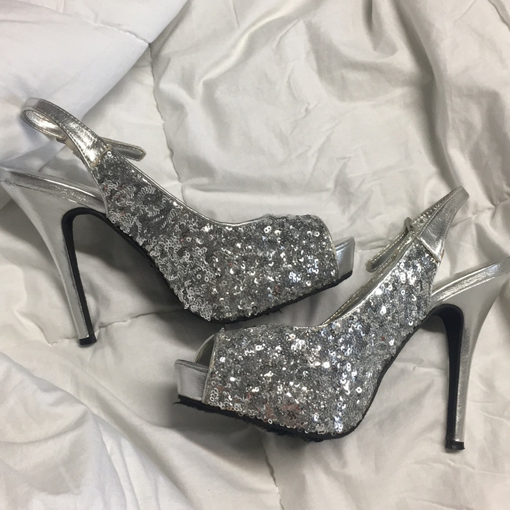 Sparkly open toe heels